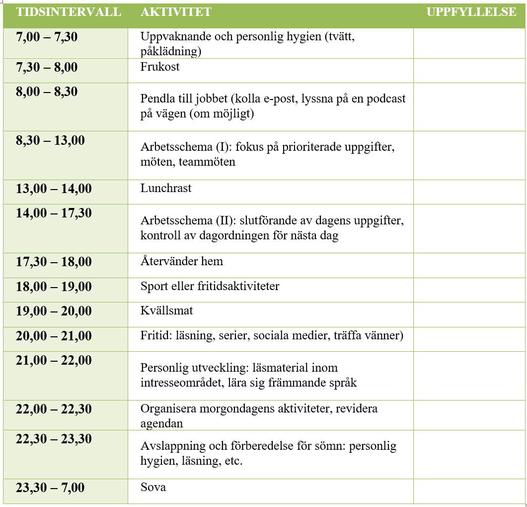 Schemat kan anpassas efter varje dags behov och aktiviteter. Schemat kan anpassas efter varje dags behov och aktiviteter.